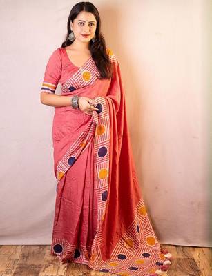 Pink chanderi cotton saree with unstitched blouse piece 1