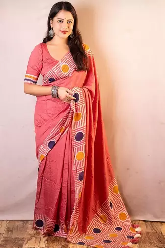Pink chanderi cotton saree with unstitched blouse piece