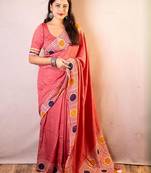 Pink chanderi cotton saree with unstitched blouse piece