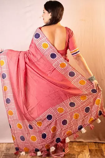 Pink chanderi cotton saree with unstitched blouse piece
