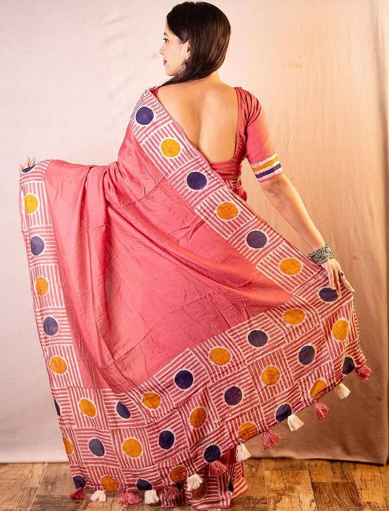 Pink chanderi cotton saree with unstitched blouse piece