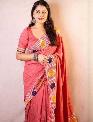 Pink chanderi cotton saree with unstitched blouse piece 3