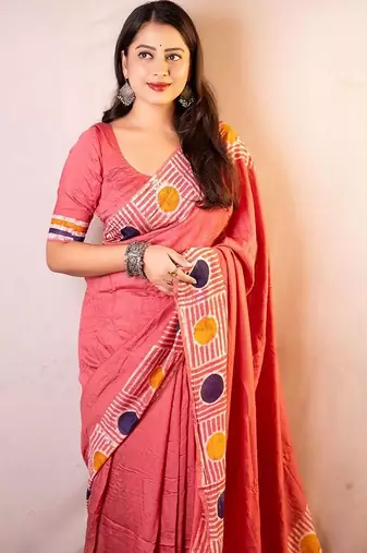 Pink chanderi cotton saree with unstitched blouse piece