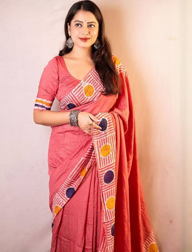 Pink chanderi cotton saree with unstitched blouse piece