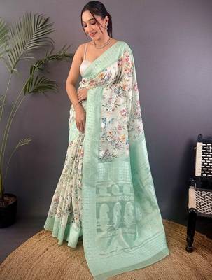 Sea green floral zari silk blend banarasi saree 1
