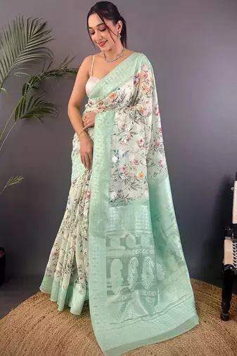 Sea green floral zari silk blend banarasi saree