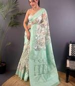 Sea green floral zari silk blend banarasi saree
