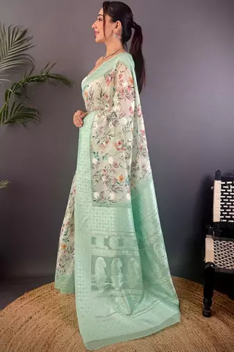Sea green floral zari silk blend banarasi saree