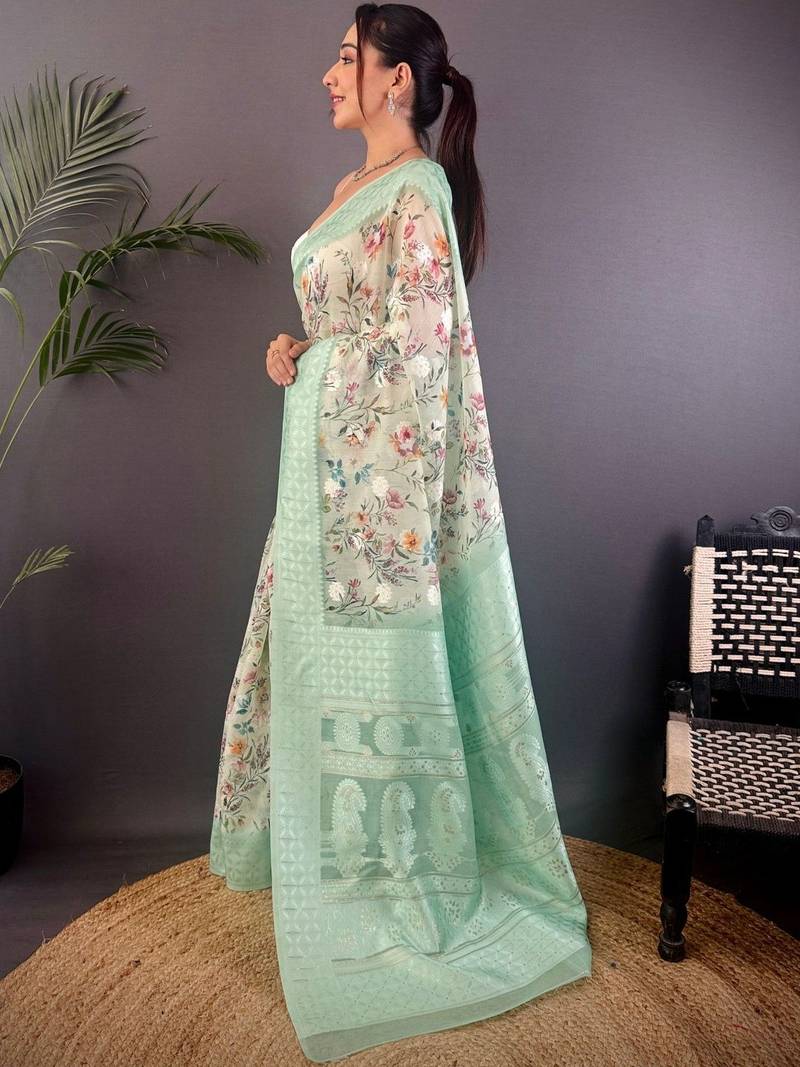 Sea green floral zari silk blend banarasi saree