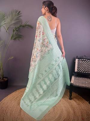 Sea green floral zari silk blend banarasi saree 3