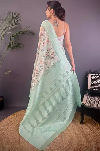 Sea green floral zari silk blend banarasi saree