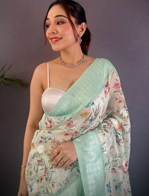 Sea green floral zari silk blend banarasi saree 4