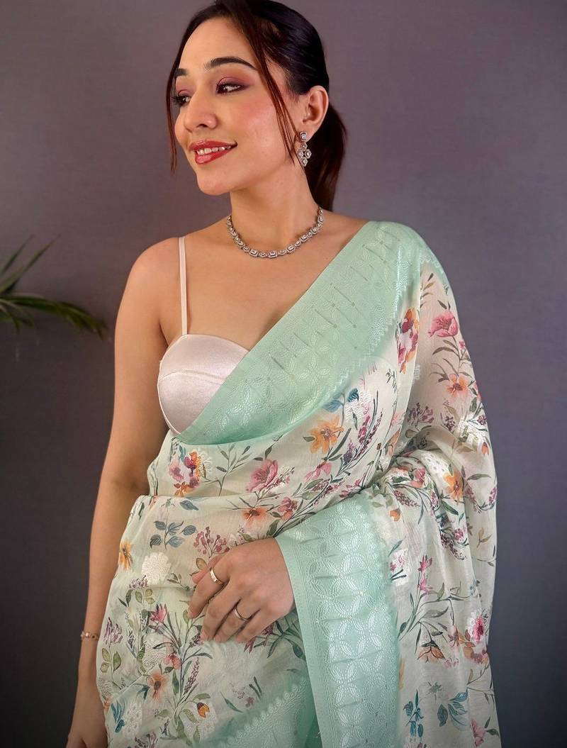 Sea green floral zari silk blend banarasi saree