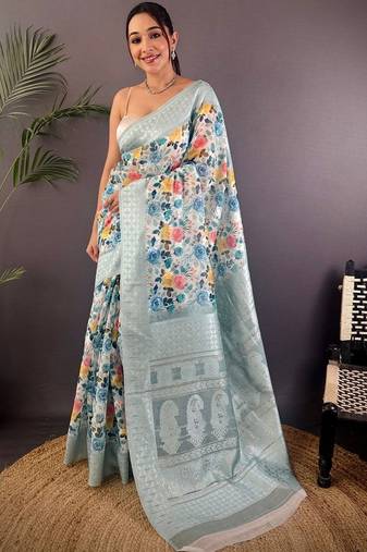 Multicolor floral zari silk blend handloom banarasi saree