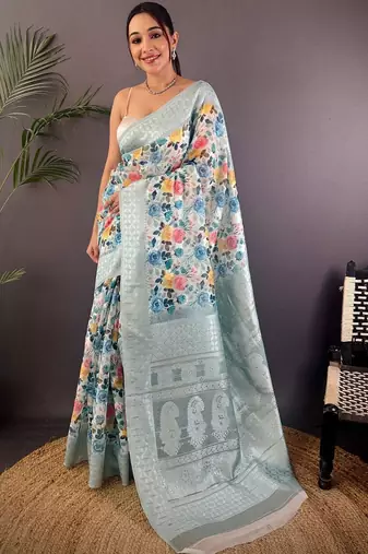 Multicolor floral zari silk blend handloom banarasi saree