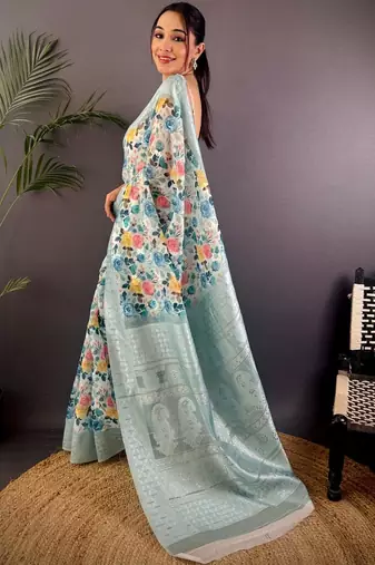 Multicolor floral zari silk blend handloom banarasi saree