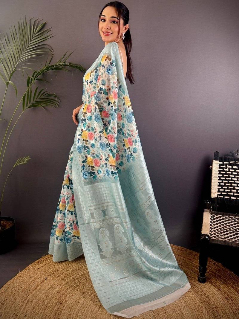 Multicolor floral zari silk blend handloom banarasi saree
