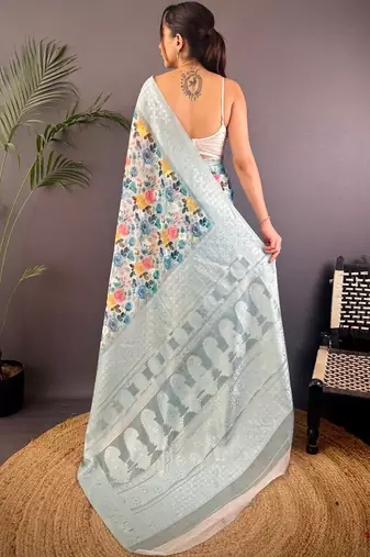 Multicolor floral zari silk blend handloom banarasi saree