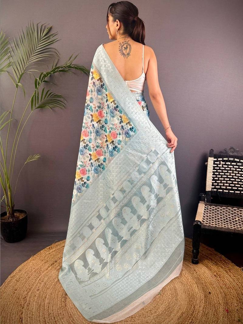Multicolor floral zari silk blend handloom banarasi saree