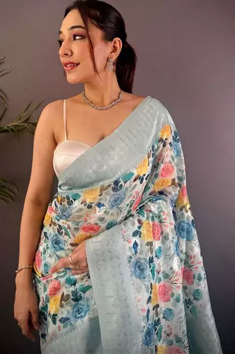 Multicolor floral zari silk blend handloom banarasi saree