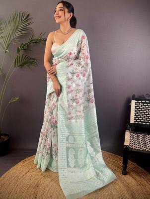 Sea green floral embroidered silk blend banarasi saree 1