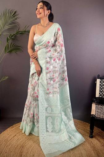 Sea green floral embroidered silk blend banarasi saree