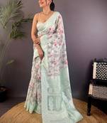 Sea green floral embroidered silk blend banarasi saree