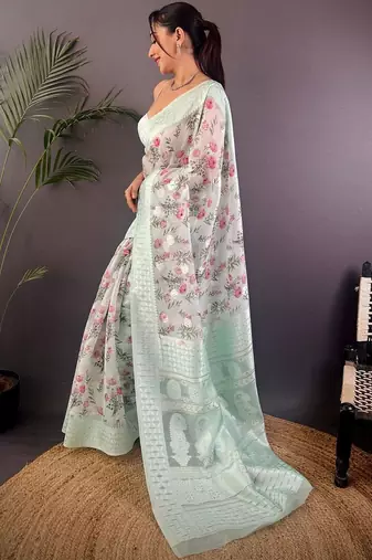 Sea green floral embroidered silk blend banarasi saree