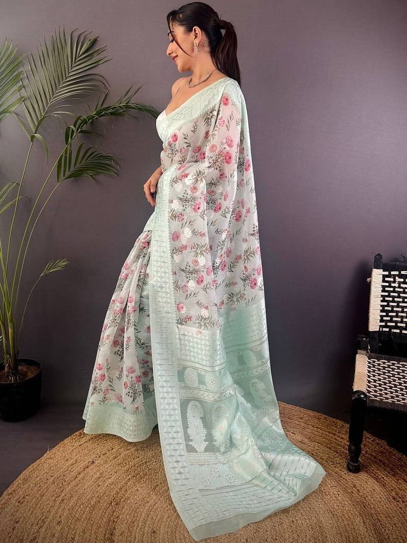 Sea green floral embroidered silk blend banarasi saree