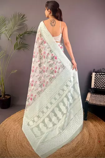 Sea green floral embroidered silk blend banarasi saree