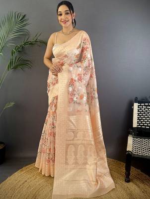 Peach floral zari silk blend handloom banarasi saree 1