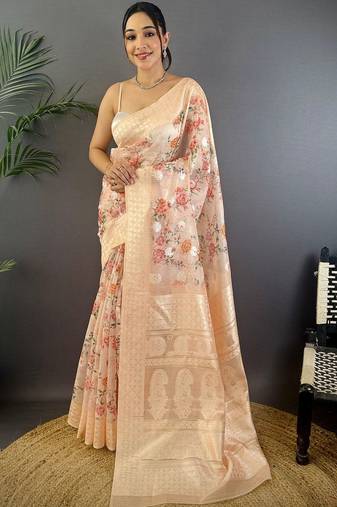 Peach floral zari silk blend handloom banarasi saree
