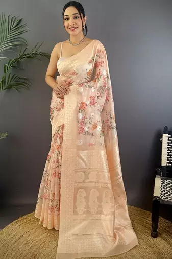 Peach floral zari silk blend handloom banarasi saree