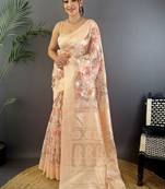 Peach floral zari silk blend handloom banarasi saree