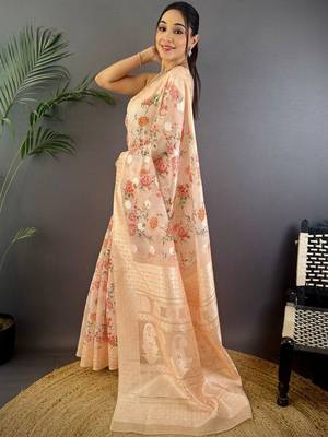 Peach floral zari silk blend handloom banarasi saree 2