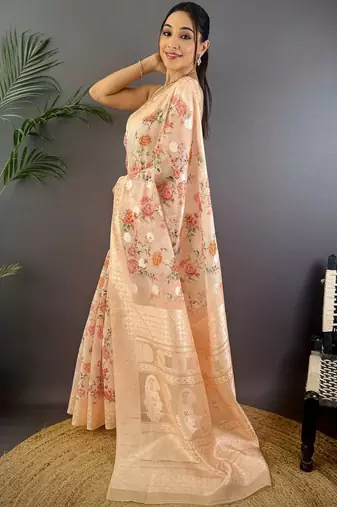 Peach floral zari silk blend handloom banarasi saree