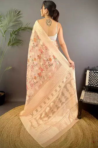 Peach floral zari silk blend handloom banarasi saree