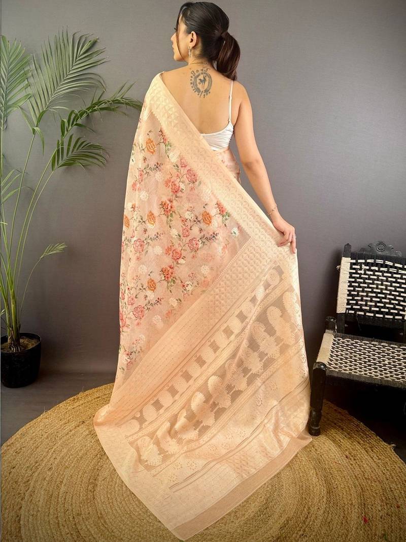 Peach floral zari silk blend handloom banarasi saree