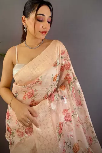 Peach floral zari silk blend handloom banarasi saree