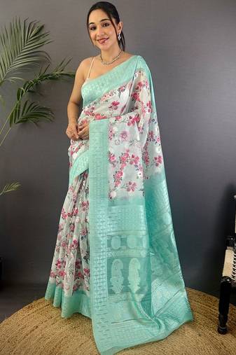 White floral zari silk blend handloom banarasi saree