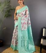 White floral zari silk blend handloom banarasi saree