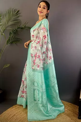 White floral zari silk blend handloom banarasi saree