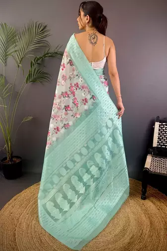 White floral zari silk blend handloom banarasi saree