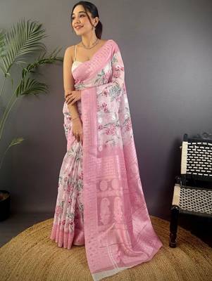 Pink floral zari silk blend designer banarasi saree 1