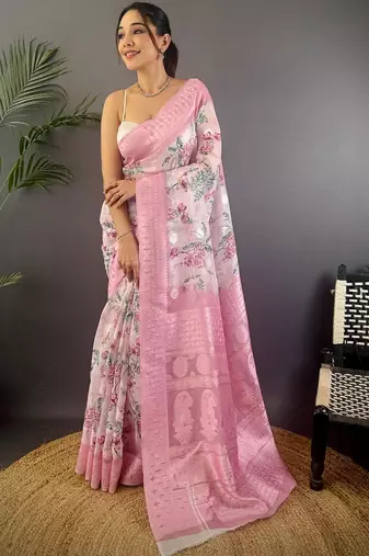 Pink floral zari silk blend designer banarasi saree