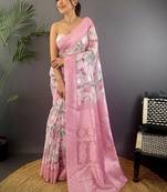Pink floral zari silk blend designer banarasi saree