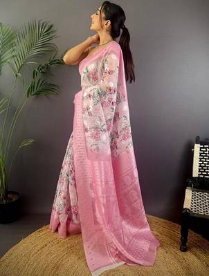 Pink floral zari silk blend designer banarasi saree 2
