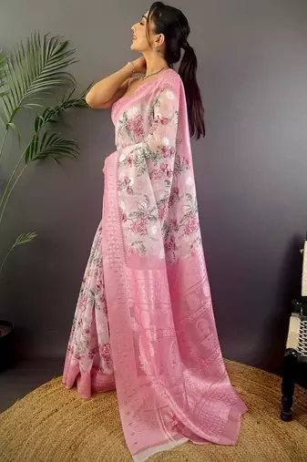 Pink floral zari silk blend designer banarasi saree