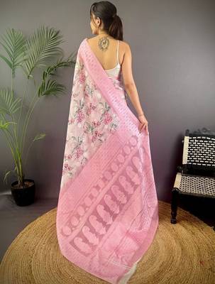 Pink floral zari silk blend designer banarasi saree 3