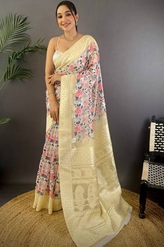 Multicolor floral zari silk blend banarasi saree